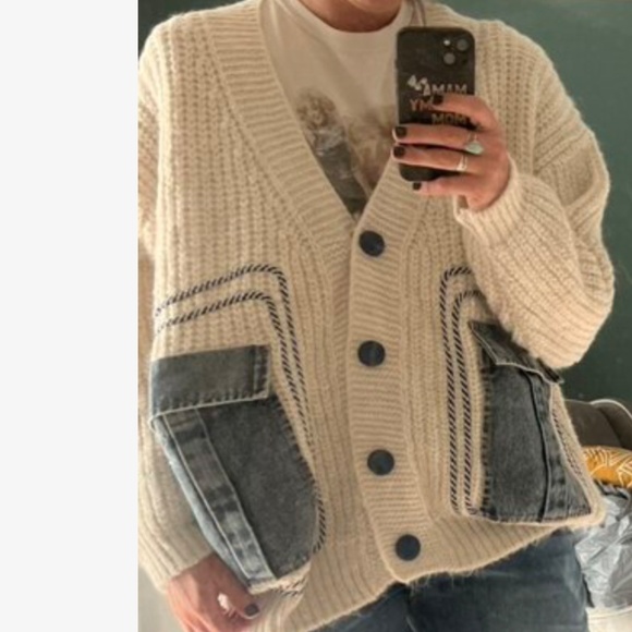 Cozy Beige Button Down Denim Pockets Oversized Cardigan - Picture 2 of 9